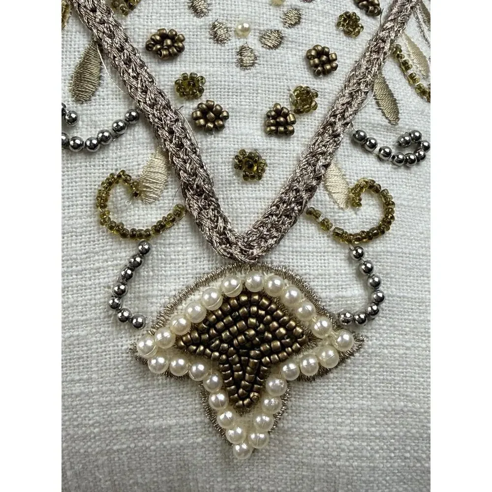 Pier 1 Throw Pillow Rectangular Linen Silk Beaded Pearl Ivory Gold Boho Chic